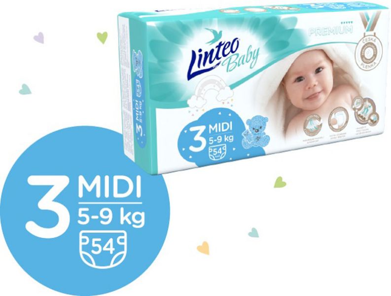 Obrázok LINTEO BABY Plienky Baby Prémium MIDI (5-9 kg) 216 ks