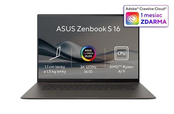 ASUS Zenbook S16 OLED UM5606WA-OLED221X, AI 9 - HX 370, 16.0˝ 2880 x 1800/Touch, UMA, 32GB, SSD 1TB, W11Pro, 50TOPS