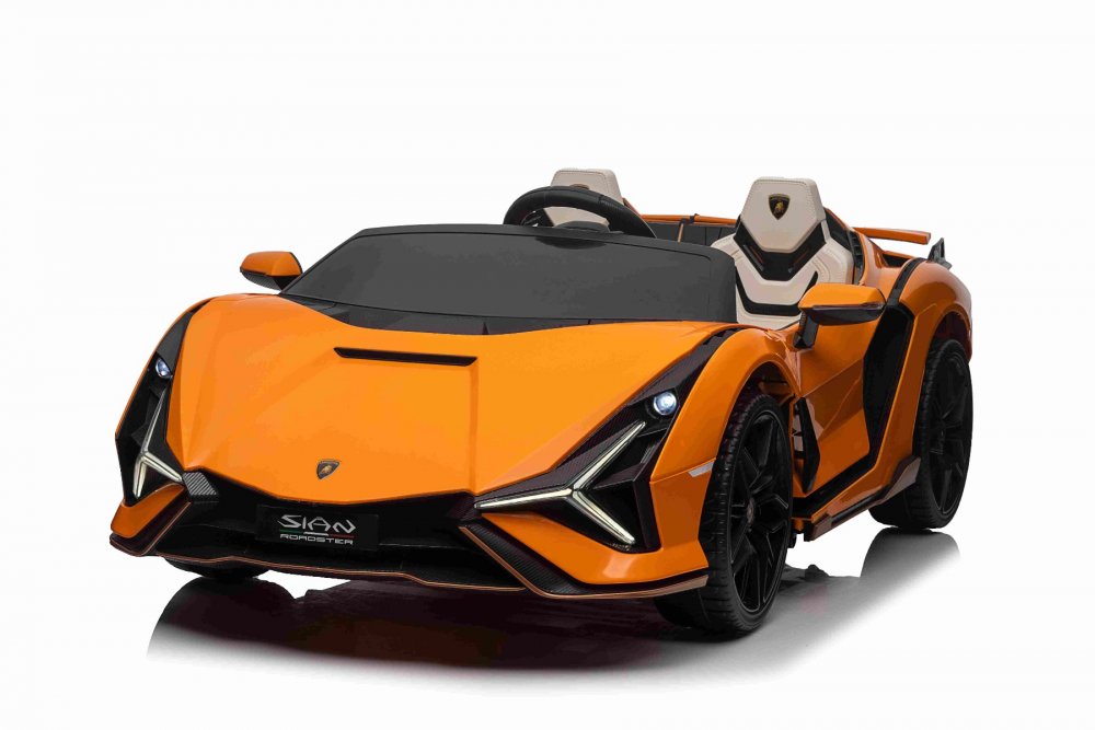 Elektrické autíčko Lamborghini Sian 4X4, oranžové, 12V, 2,4 GHz diaľkové ovládanie, USB / AUX Vstup, Bluetooth, Odpruženie, Vertikálne otváracie dvere, mäkké EVA kolesá, LED Svetlá,