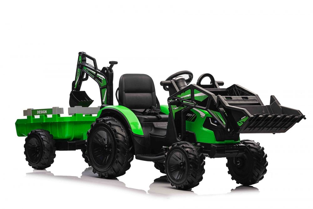 Elektrický traktor TOP-WORKER 12V s naběračkami a přívěsem, Jednomístné, zelené, 2,4Ghz Dálkové ovládání, měkké PU sedadlo, MP3 Přehrávač s USB vstupem, Zadní pohon, 2 x 45W Motor,
