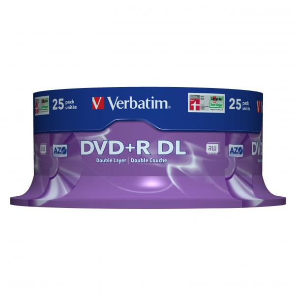 Obrázok Verbatim DVD+R, 43757, Double Layer, 25-pack, 8.5GB, 8x, 12cm, General, Matt Silver, cake box, pre archiváciu dát