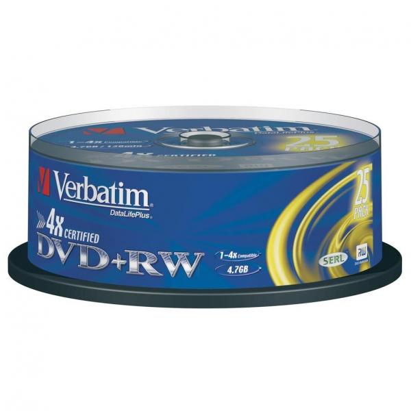 Obrázok Verbatim DVD+RW, 43489, DataLife PLUS, 25-pack, 4.7GB, 4x, 12cm, General, Standard, cake box, Scratch Resistant, bez možnosti potl