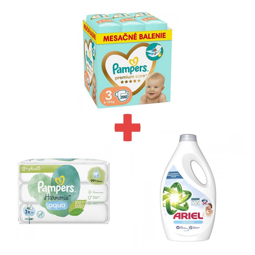 PAMPERS PREMIUM MBP S3 200KS (6-10KG) + WIPES 144KS (3X48) HARMONIE AQUA + ARIEL 34PD 1.7L SENS.SKIN