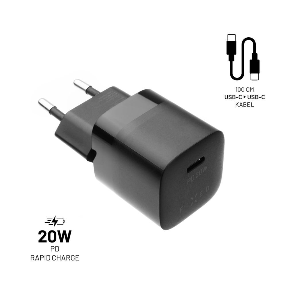 Set síťové nabíječky FIXED Mini s USB-C výstupem a USB-C/USB-C kabelu, podpora PD, 1 metr, 20W, černý