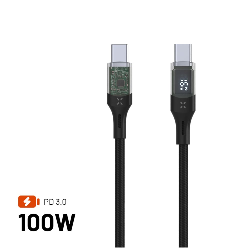 Nabíjecí a datový kabel FIXED s displejem s konektory USB-C/USB-C a podporou PD, 2m, USB 2.0, 100W, černý