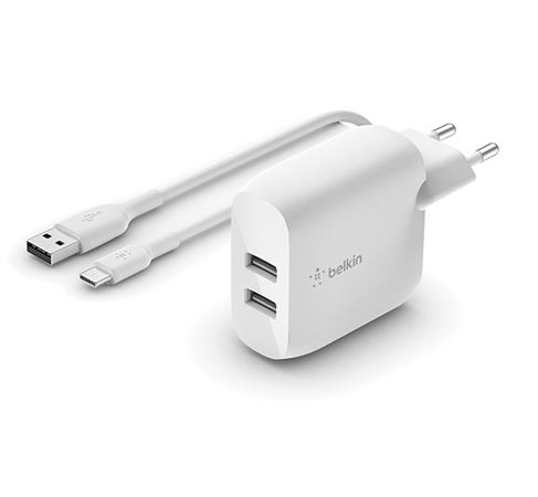 Obrázok Belkin Duální USB-A domácí nabíječka 2x12W, USB-C kabel, bílá