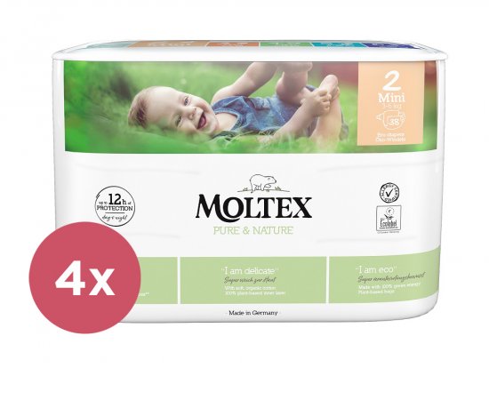 4x MOLTEX Pure &amp; Nature Plienky jednorazové 2 Mini (3-6 kg) 38 ks - ECONOMY PACK