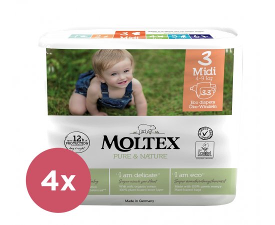 4x MOLTEX Pure &amp; Nature Plienky jednorazové 3 Midi (4-9 kg) 33 ks - ECONOMY PACK