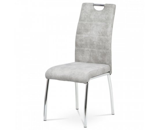 AUTRONIC HC-486 SIL3 Jedálenská stolička, strieborná  látka COWBOY v dekore vintage kože, biele prešitie, kovová štvornohá chrómovaná podnož