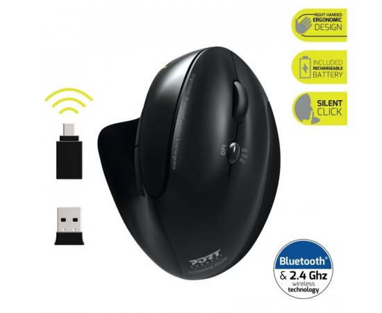 PORT CONNECT ERGONOMIC RECHARGEABL, bezdrátová ergonomická myš, 2,4 Ghz a Bluetooth®, USB-A/C, černá