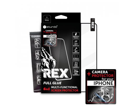 Sturdo REX ochranné sklo + sklo na fotoaparát iPhone 15 Pro, čierne (6in1 Full Glue)