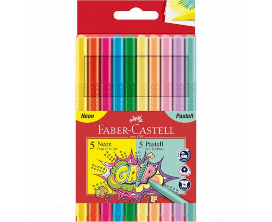 FABER-CASTELL POPISOVACE GRIP 10 FAREBNE NEONOVE + PASTELOVE