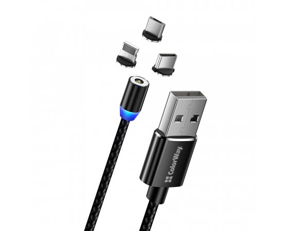 COLORWAY KABEL UNIVERZALNY 3V1 (LIGHTNING+MICROUSB+TYPE-C) MAGN., 2.4A 1M, CIERNY (CW-CBUU020-BK)