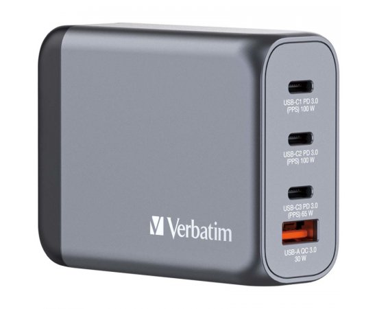 VERBATIM CESTOVNY ADAPTER GNC-100, GAN ZASTRCKA, 2XUSB-C PD 100W, 1XUSB-C PD 65W, 1XUSB-A QC 3.0