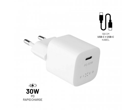 FIXED FIXC30M-CC-WH MINI S USB-C VYSTUPOM A USB-C/USB-C KABLA PODPORA PD, 1M, 30W, BIELY