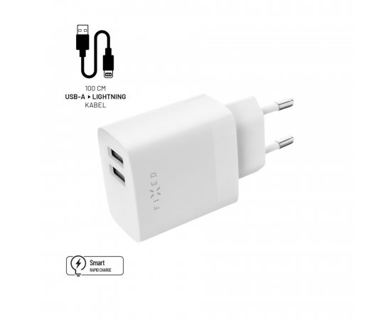 Set síťové nabíječky FIXED s 2xUSB výstupem a USB/Lightning kabelu, 1 metr, MFI, 17W Smart Rapid Charge, bílá