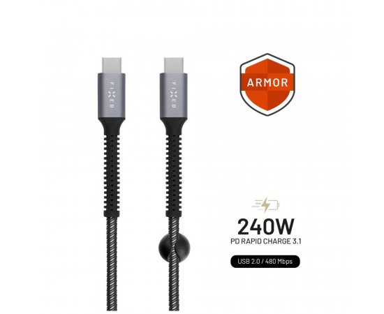 Dlouhý nabíjecí a datový odolný kabel FIXED Armor s konektory USB-C/USB-C a podporou PD, 2m, USB 2.0, 240W, šedý