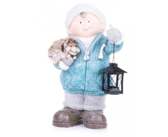 Postavička MagicHome Vianoce, Chlapček s lampášom a ježkom, keramika, 23x20x39,5 cm