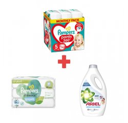 PAMPERS PANTS MP S5 152, 12-17KG + WIPES 144KS (3X48) HARMONIE AQUA + ARIEL 34PD 1.7L SENSITIVE SKIN